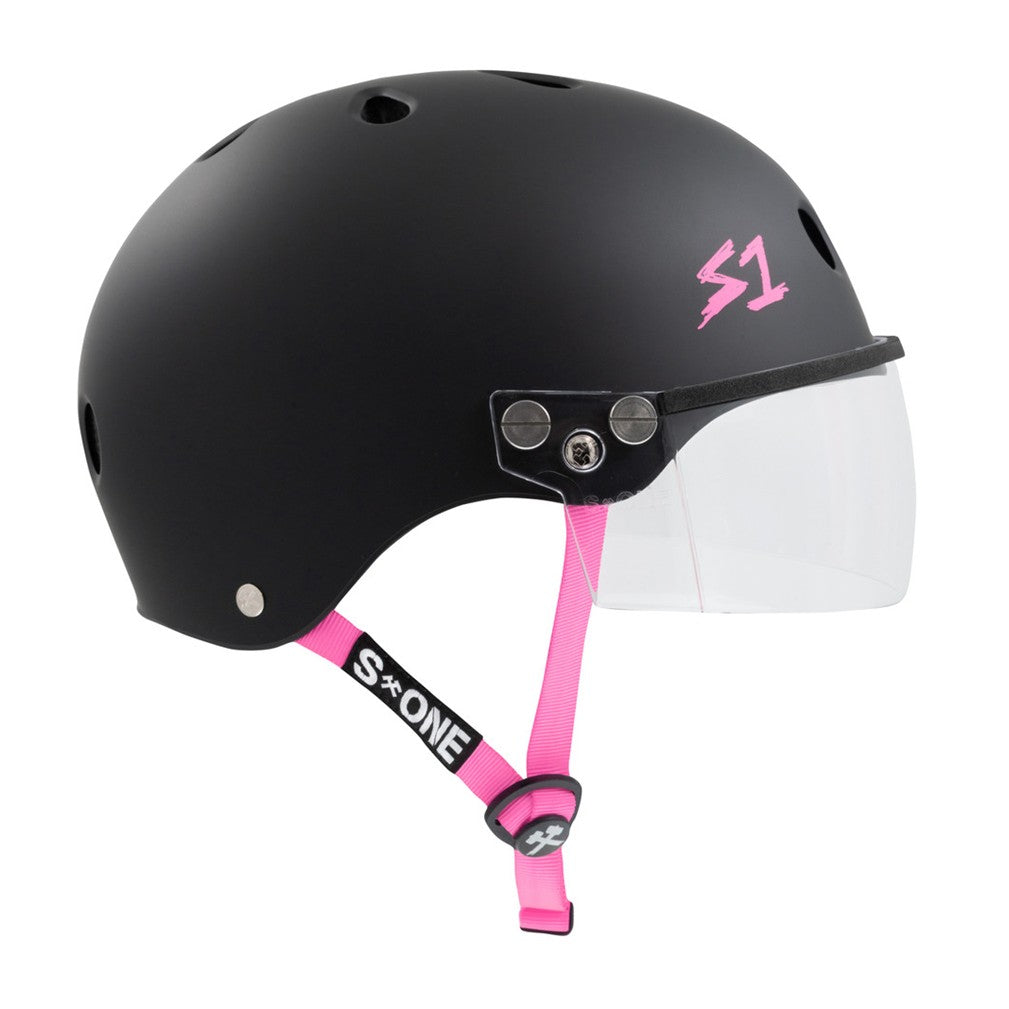 S-One Lifer Visor Skate Helmet Black Matte/Pink Straps - Lucky Skates 