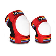 red s1 rollerskate knee and elbow pad with white caps and  rainbow straps 