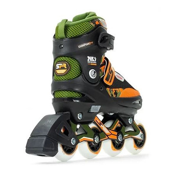 BACK VIEW OF SFR GREEN ORANGE CAMO PIXLE KIDS ADJUSTABLE INLINE SKATE