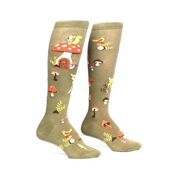 KHAKI BROWN KNEE HIGH SOCKS WITH mushrooms