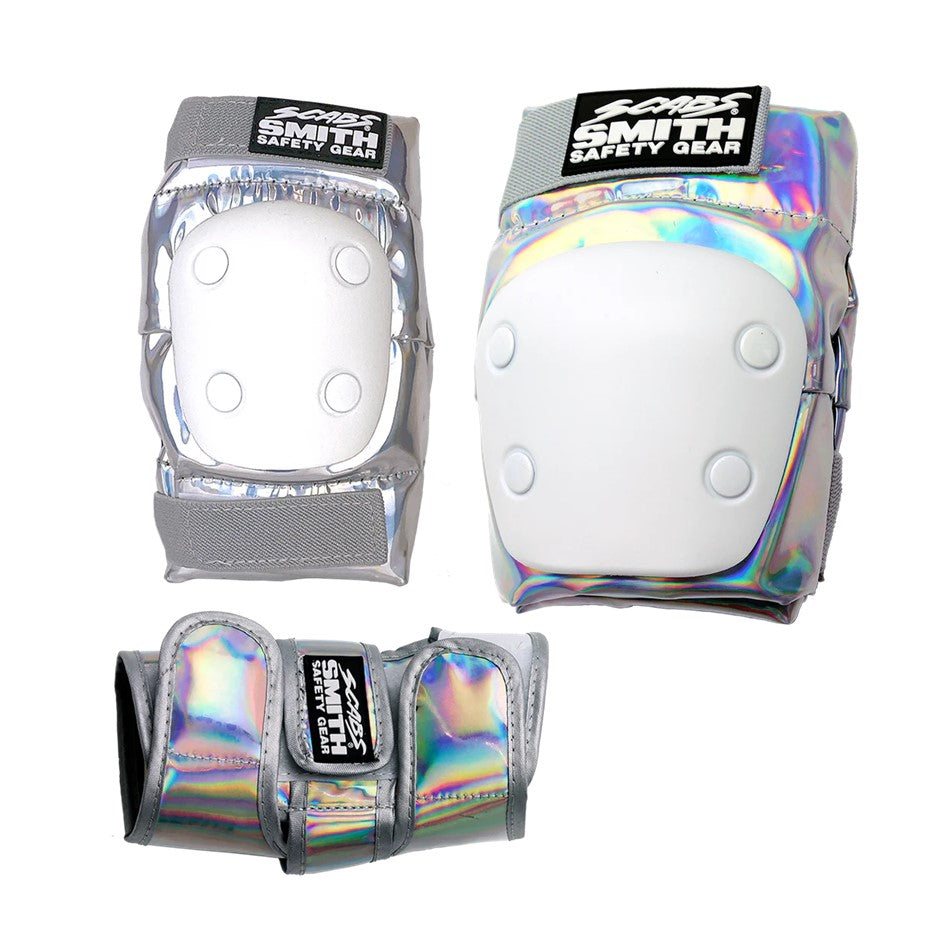 KIDS SILVER HOLOGRAPHIC SKATE KNEE PADS, ELBOW POADS AND WRIST GUARDS