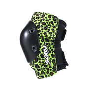 side view of lime green leopard print elbow pads