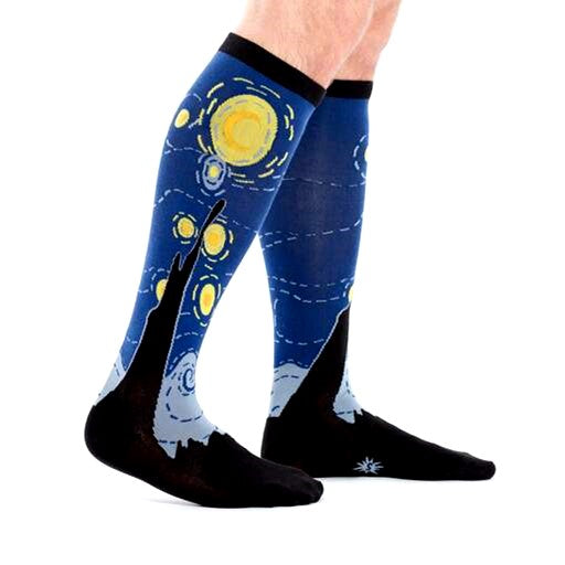 PERSON WEAING BLUE KNEE HIGH SOCKS WITH STARRY NIGHT PAINTING PATTERN