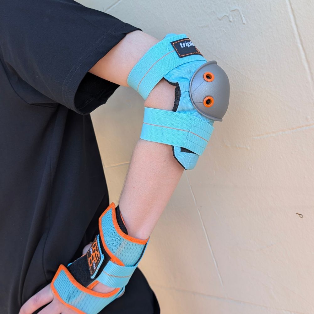 Triple 8 Saver Series Tri Pack Mint Elbow Pads Wrist Guards Aqua, Orange, Silver - Lucky Skates 