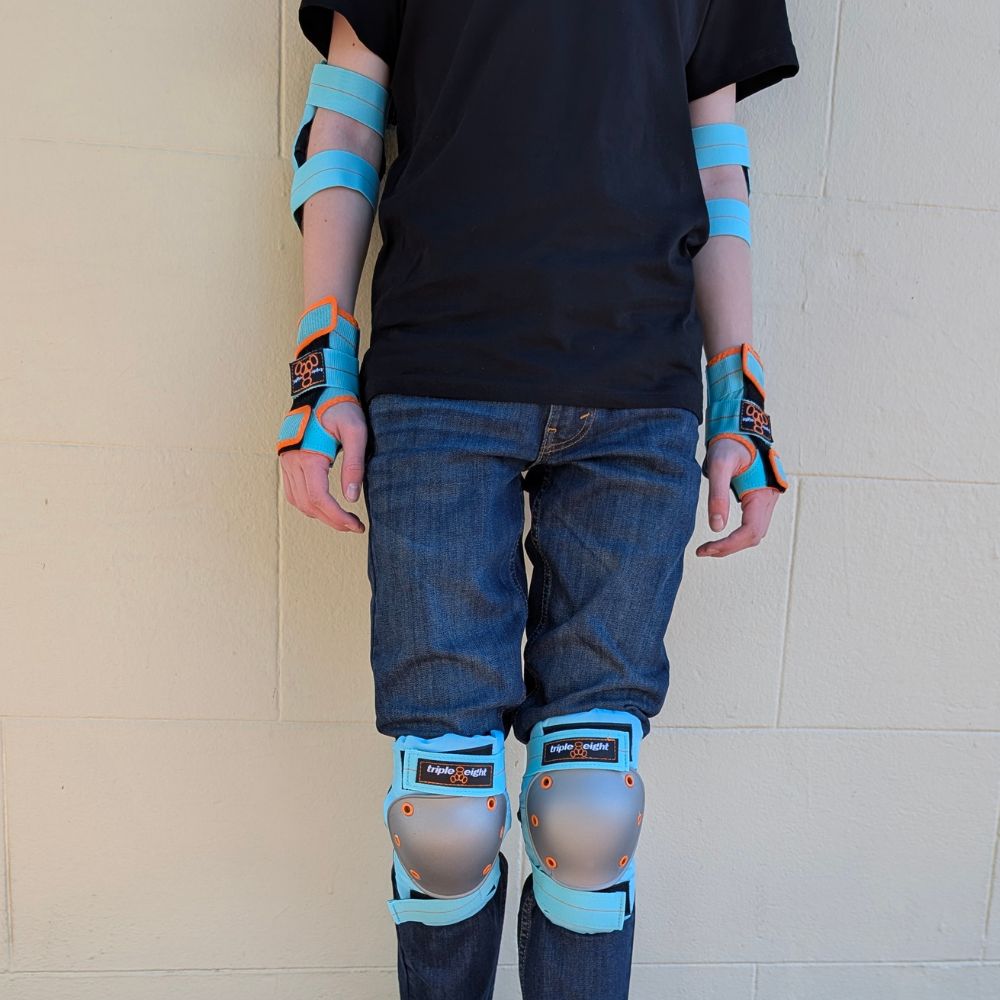 Triple 8 Saver Series Tri Pack Mint Aqua, Orange, Silver Knee Pads Elbow Pads Wrist Guards - Lucky Skates 
