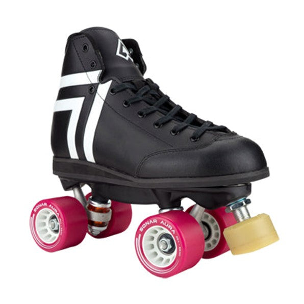 black and white high top rollerskate with red wheels