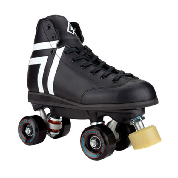 black and white high top rollerskate with black wheels