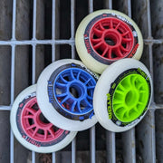 blue red green pink inline wheels 