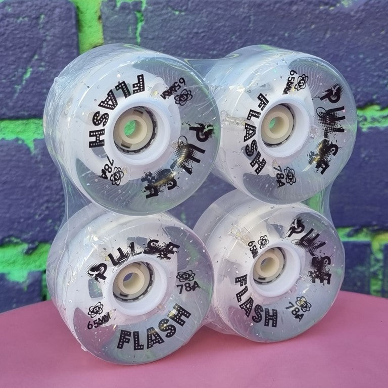 Atom Pulse Flash Light Up Glitter Outdoor Roller Skate LED Wheels 4 Pack 78a 65mm Clear Glitter - Lucky Skates