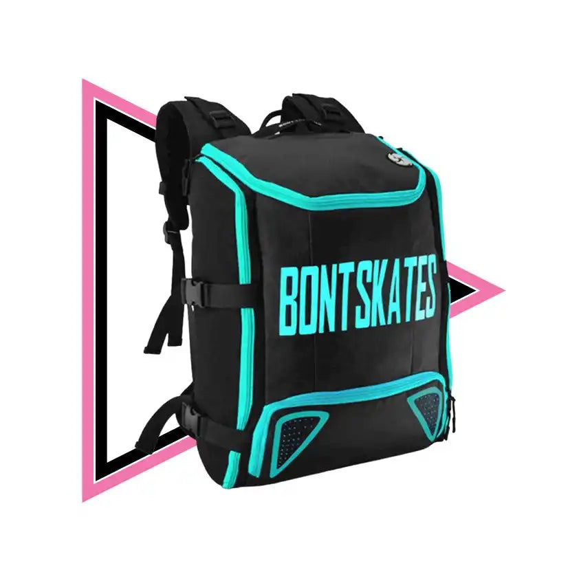 Black and turquoise Bont skates backpack.