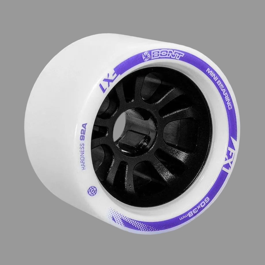 Bont FX1 Indoor Roller Skate Wheels Mini Hub 92A White Purple 60mm x 38mm - Lucky Skates 