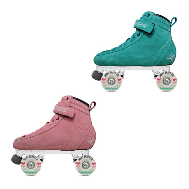 pastel teal and pastel pink high top roller skate with white wheels 