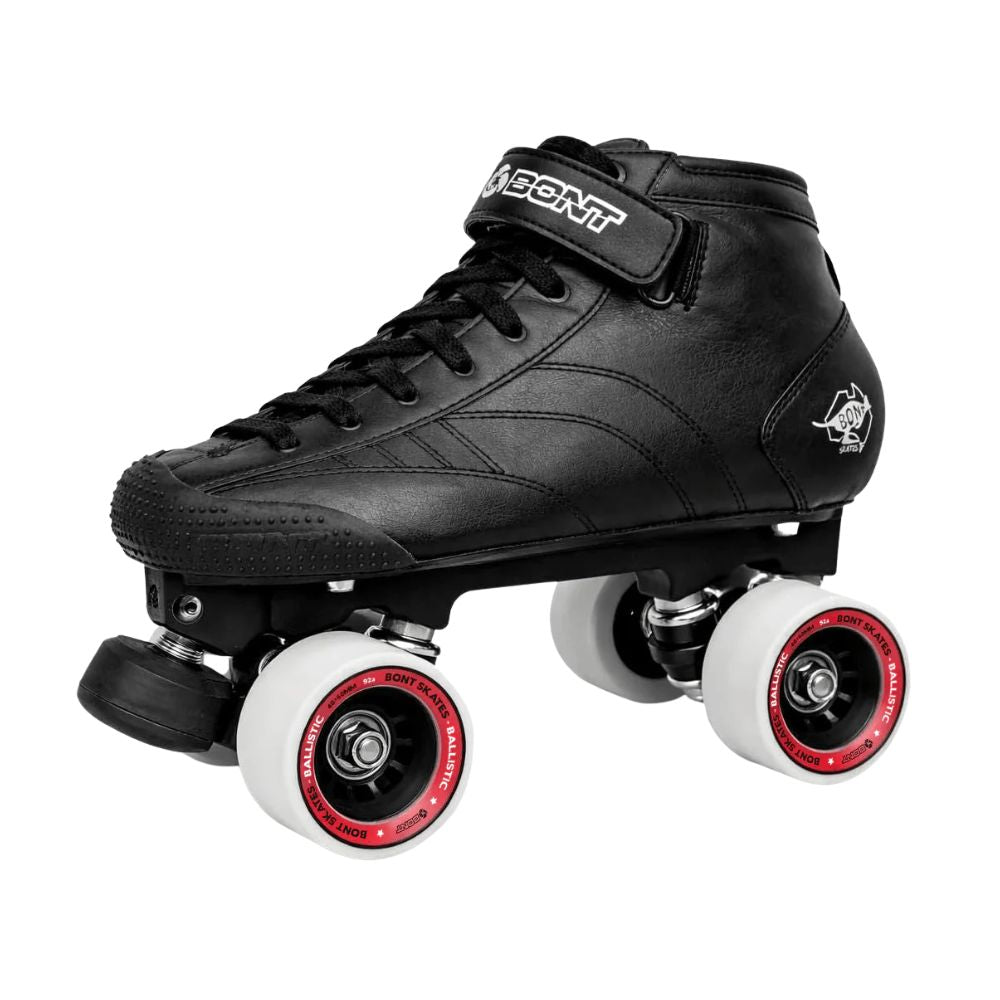 Bont Prostar Black Mid Cut roller skates with white indoor ballistic 92a indoor wheels, black tracer plate and adjustable toe stop - Lucky Skates 