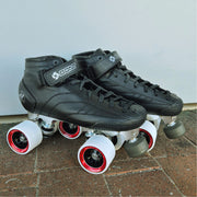 Bont Prostar Black Mid Cut roller skates with white indoor ballistic 92a indoor wheels, black tracer plate and adjustable toe stop - Lucky Skates 