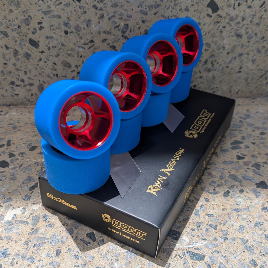 Bont Royal Assassin Roller Skate Wheels Blue with Red Alloy Hub 59mm 92A - Lucky Skates 