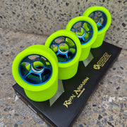 Bont Royal Assassin Maximus Speed Skating Roller Skate Wheels 70mm Fluro Green on Blue Hub 96A Allou Hub 8 pack - Lucky Skates 
