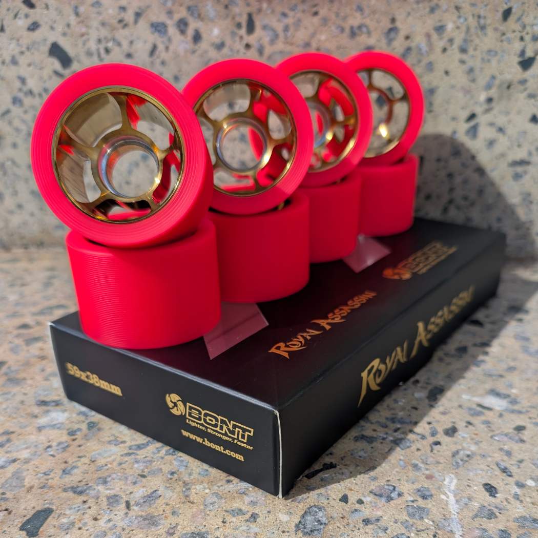Bont Royal Assassin Roller Skate Wheels Pink with Gold Alloy Hub 92A - 8 pack - Lucky Skates