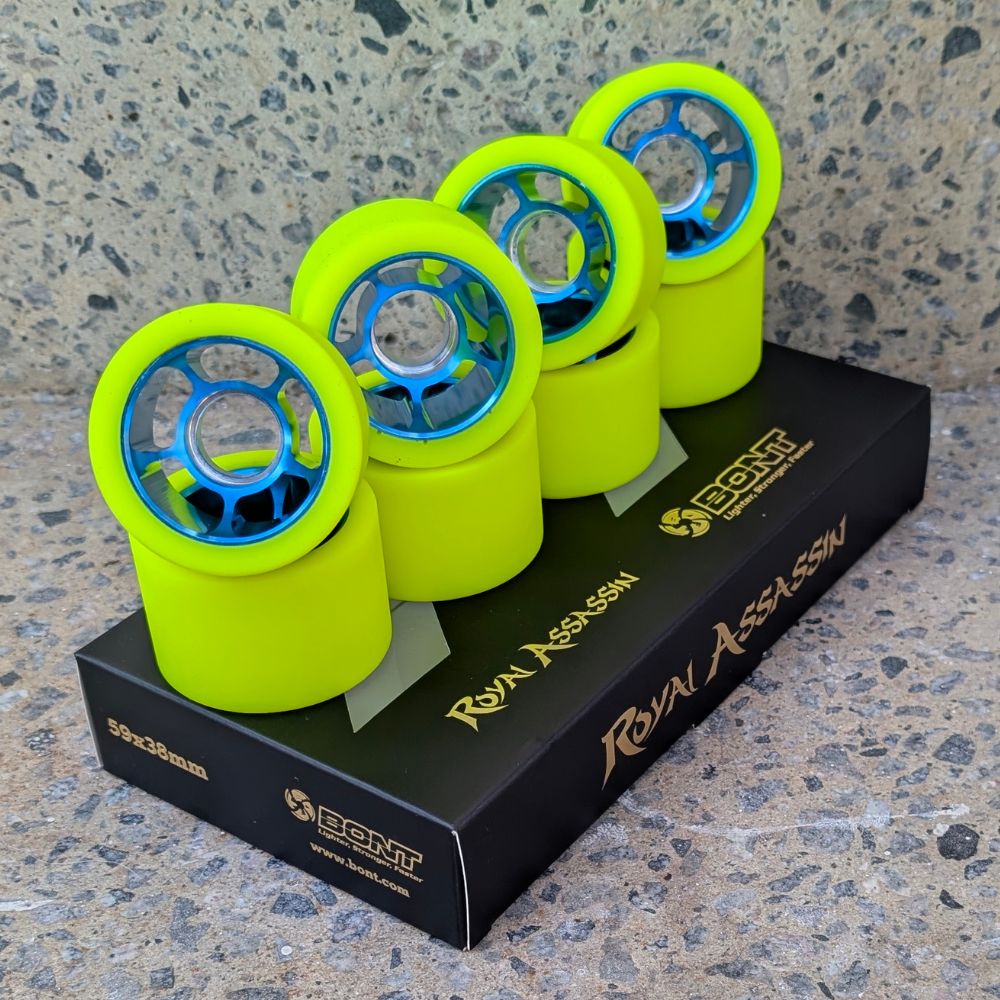 neon green wheels with blue centers  'Royal Assassin'