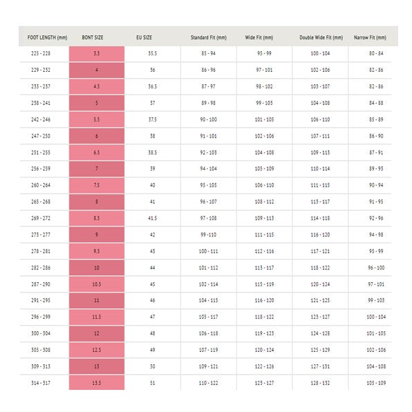 size chart for bont racer boot