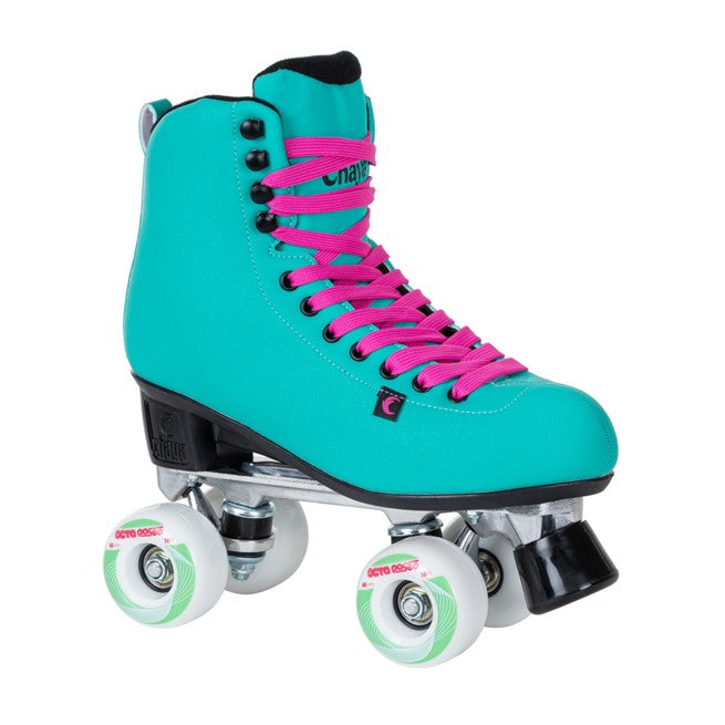 chaya turquoise high top roller skate pink laces white and green outdoor wheels black toe stop