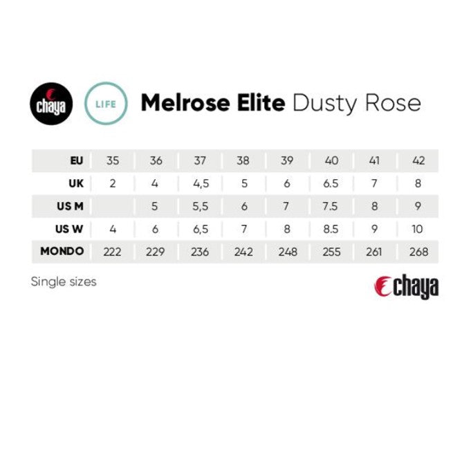 size chart for chaya melrose elite high top roller skates