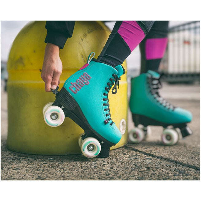 person wearing chaya teal adjustable skate