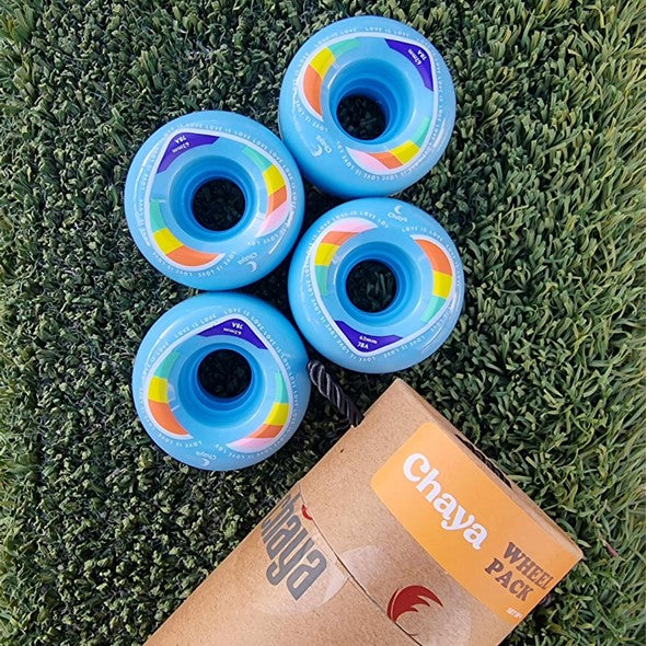 chaya blue 62mm 78a 'love is love' outdoor wheel with rainbow heart decal 4 pack