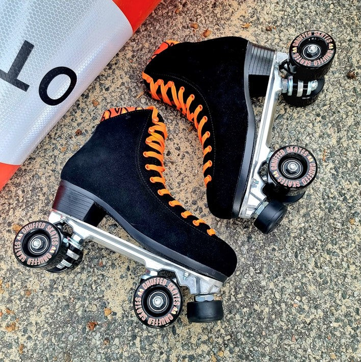 Chuffed Leather Suede Roller Skates Crew Collection Fuegote Black/Orange - Lucky Skates