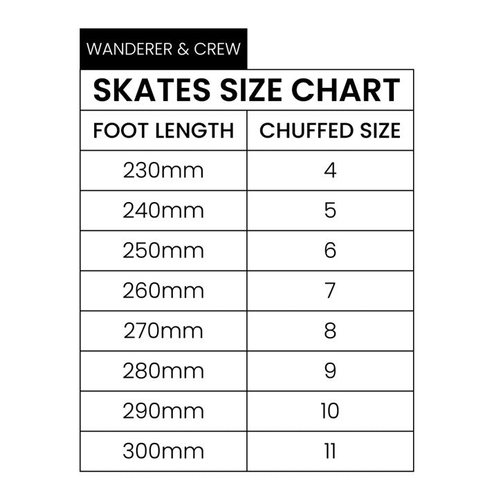 Chuffed Roller Skates Wanderer Crew  Size Chart - Lucky Skates