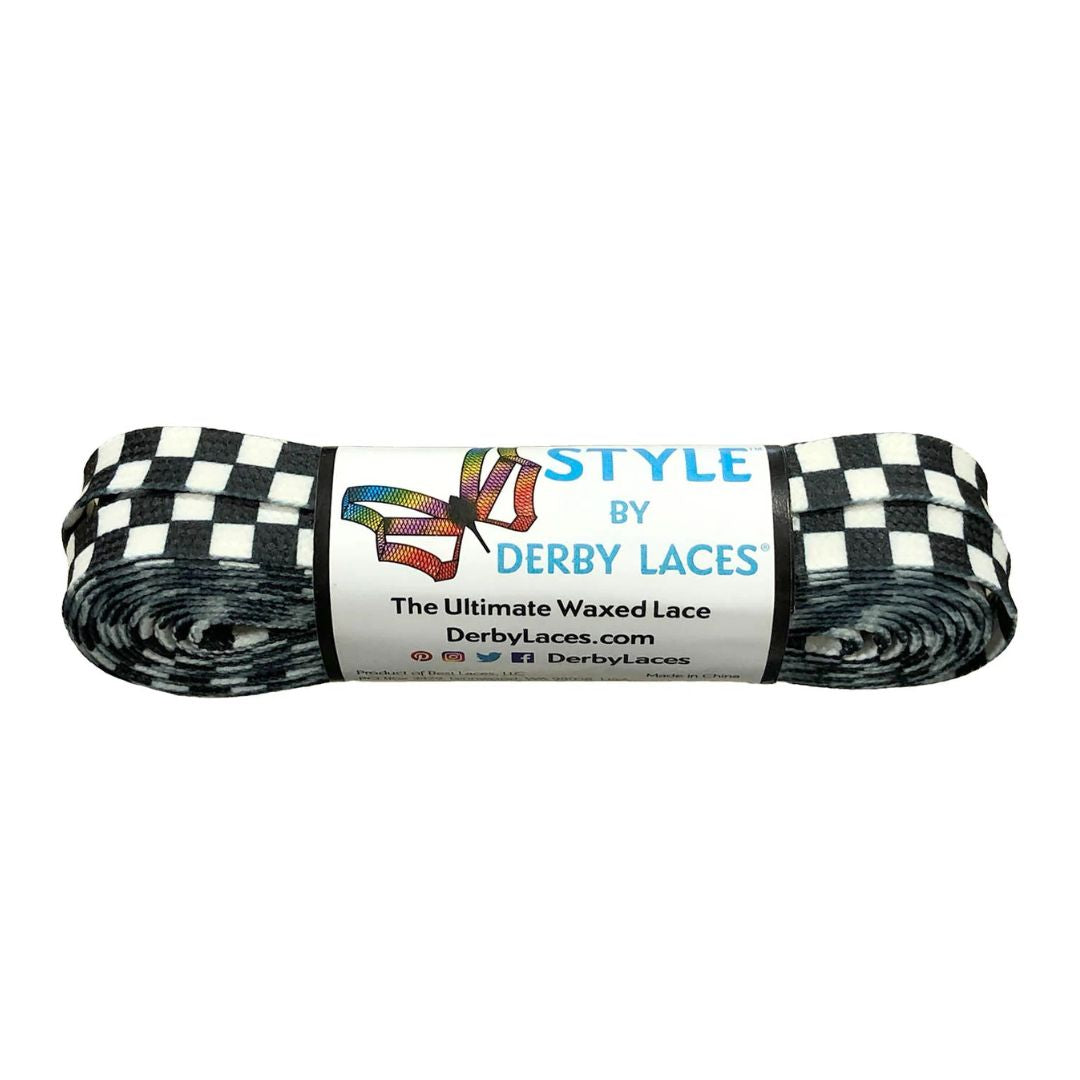 Derby Laces Style Waxed Laces Black White Checkered 72", 96", 108" - Lucky Skates 