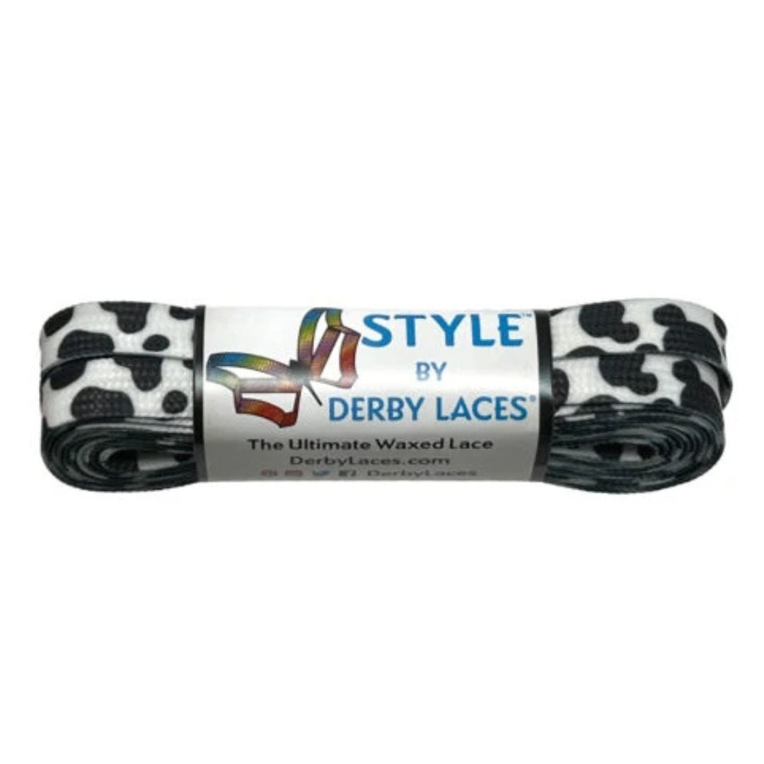 Derby Laces Style Waxed Laces Black White Cow Print 72", 96", 108" - Lucky Skates 