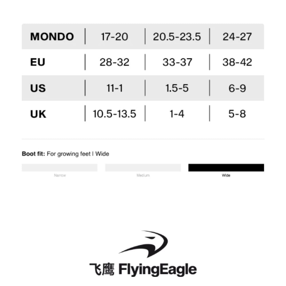 Flying Eagle Buzz Kids Adjustable Inline Skate Size Chart US, UK, Mondo, EU - Lucky Skates 