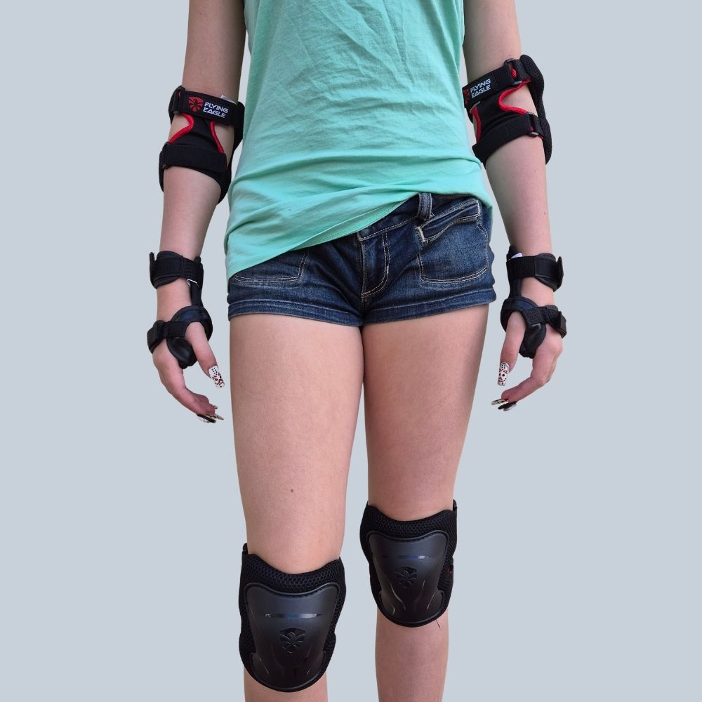 Flying Eagle V7 Protective Padding Set Knee Pads, Elbow Pads, Wrist Guards Black - Lucky Skates  