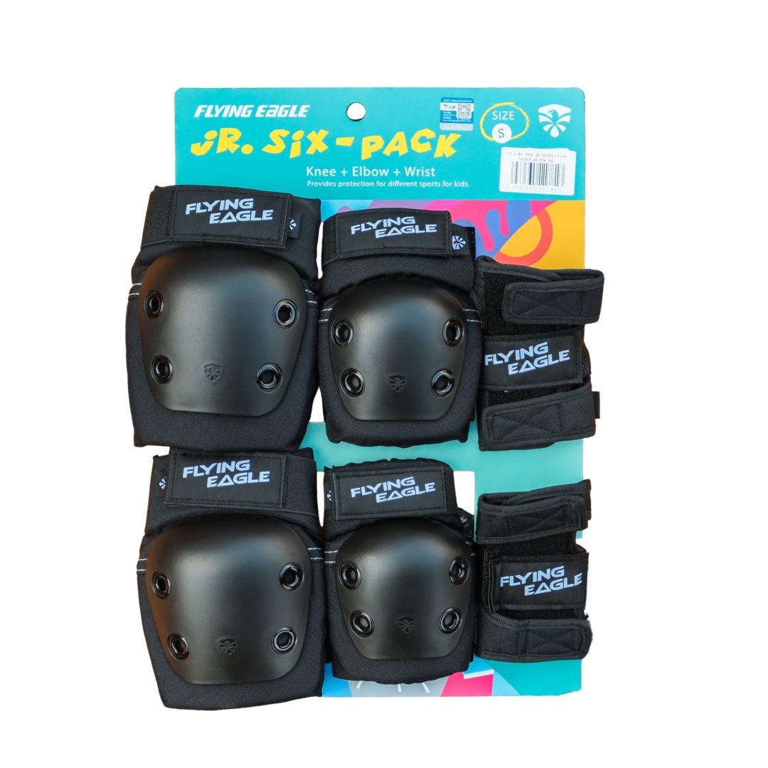 Flying Eagle Valiant Pro Junior Protective Gear Black Knee Pads, Elbow Pads, Wrist Guards - Lucky Skates 