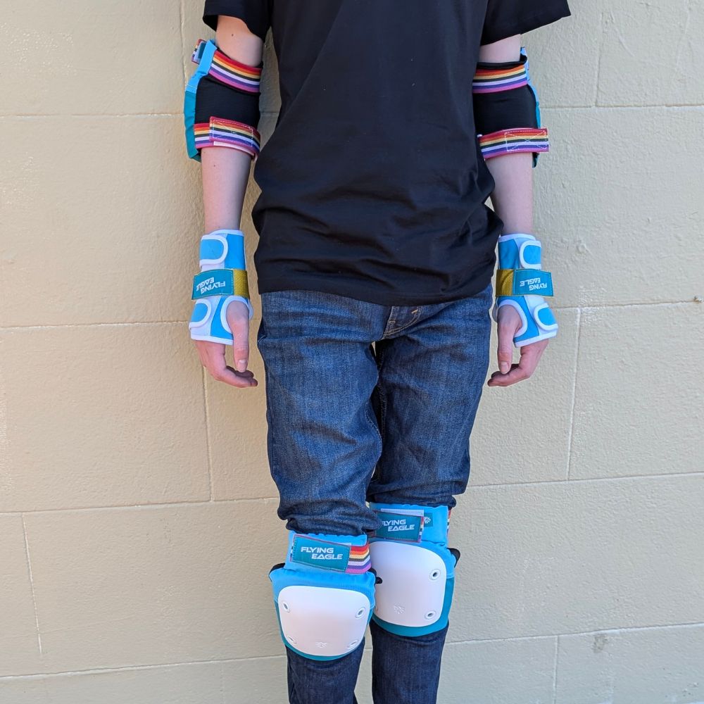 Flying Eagle Protective Set Teal Aqua Rainbow Skate Padding Set, Knee Pads, Elbow Pads, Wrist Guards - Lucky Skates  