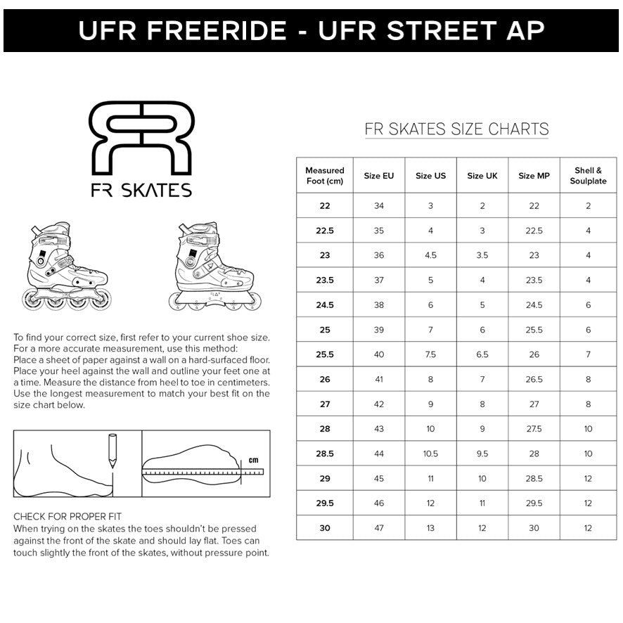 FR UFR 80 Black Inline Skates Size Chart - Lucky Skates