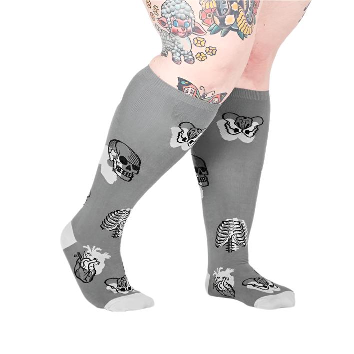 Sock It To Me Head Over Heels Stretch-It Knee High Socks Grey Skulls - Lucky Skates