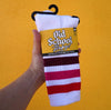 old school baby! white mid calf socks with marroon, pink and red stripes