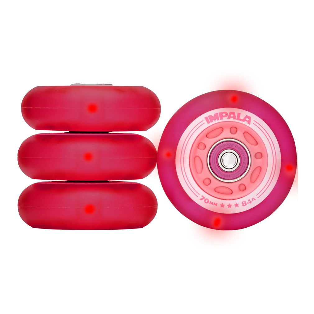 Impala Light Up Pink/Red LED Inline Wheels with Bearings 70mm 84a 4 Pack - Lucky Skates