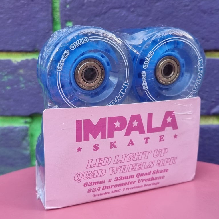 Impala Light Up Blue LED Roller Skate Wheels With Bearings 62mm 82A - 4 Pack - Lucky Skates