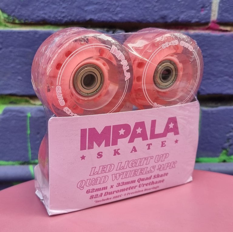 Impala Red Pink Light Up LED Roller Skate Wheels With Bearings 62mm 82A - 4 Pack - Lucky Skates