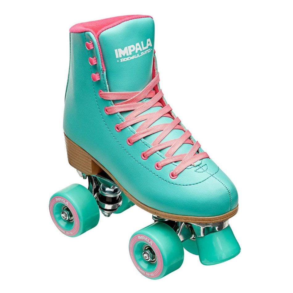 Impala Quad High Top Roller Skates Aqua Teal with pink laces - Lucky Skates