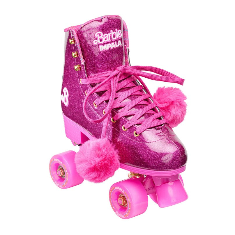 Barbie Pink Impala retro High Top Roller Skates Glitter Pink Pom Poms - Lucky Skates