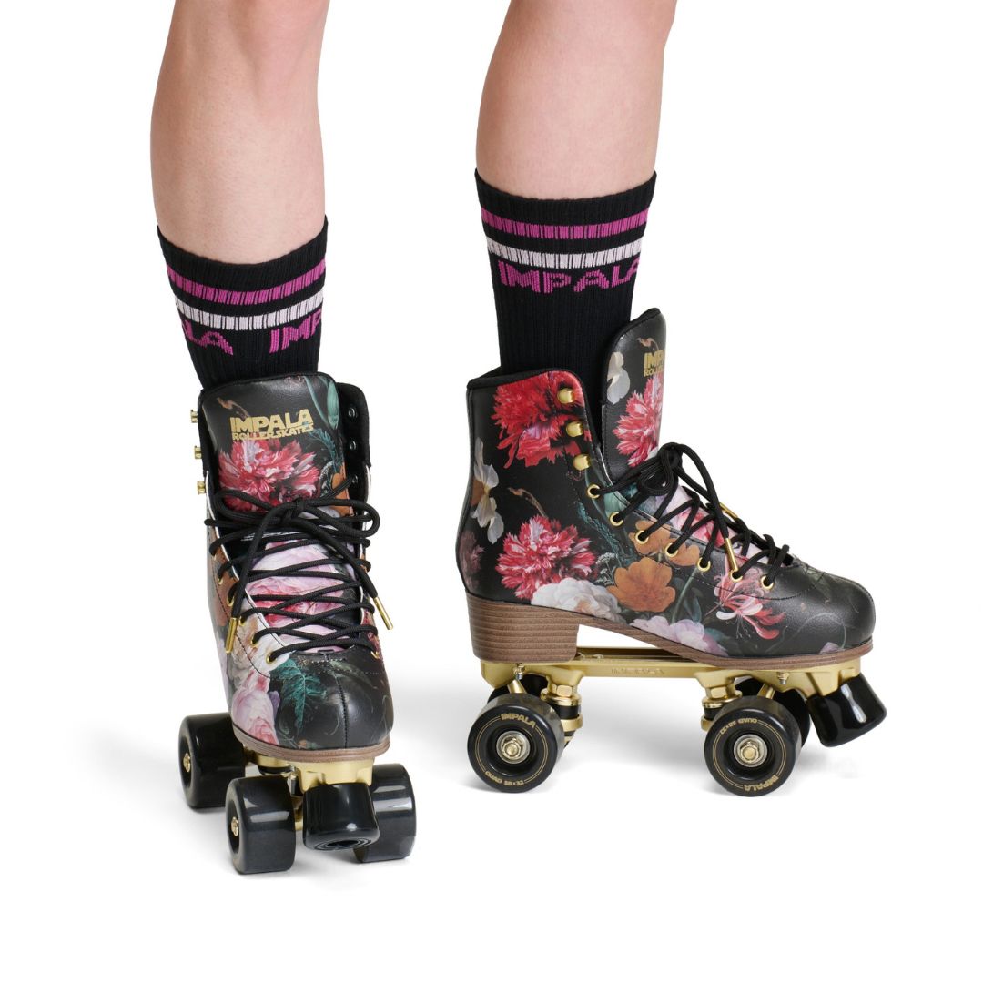Impala Vintage Floral High Top Retro Roller Skates Gold Black Maroon Flowers - Lucky Skates 