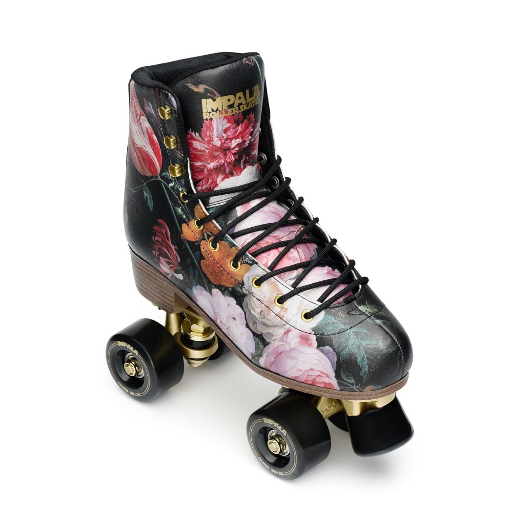 Impala Vintage Floral High Top Retro Roller Skates Gold Black Maroon Flowers - Lucky Skates 