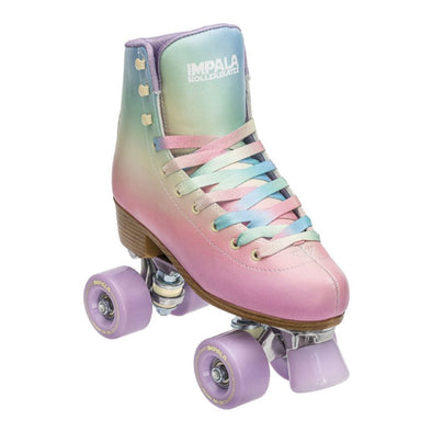 pastel fade ombre retro high top roller skates, lavender outdoor 82a wheels, lavender toe stop, rainbow laces