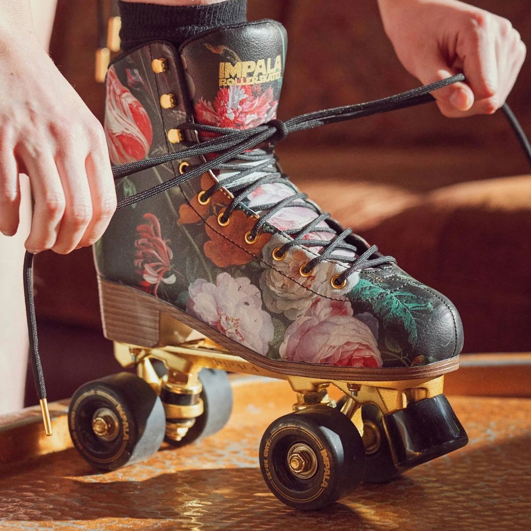 Impala Vintage Floral High Top Retro Roller Skates Gold Black Maroon Flowers - Lucky Skates 