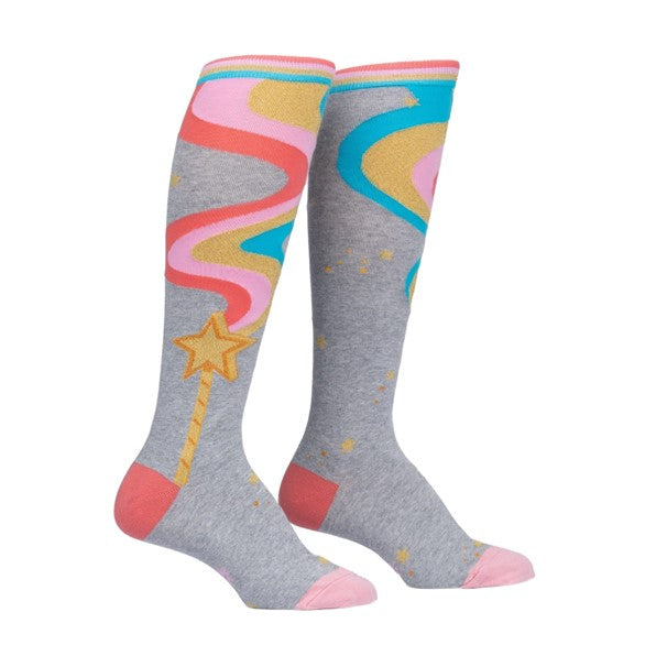 GREY KNEE HIGH SOCKS WITH PINK GLITTER GOLD AND BLUE WAVY STRIPES COMING OUT OF GOLD STAR WAND PATTERN ON SIDE