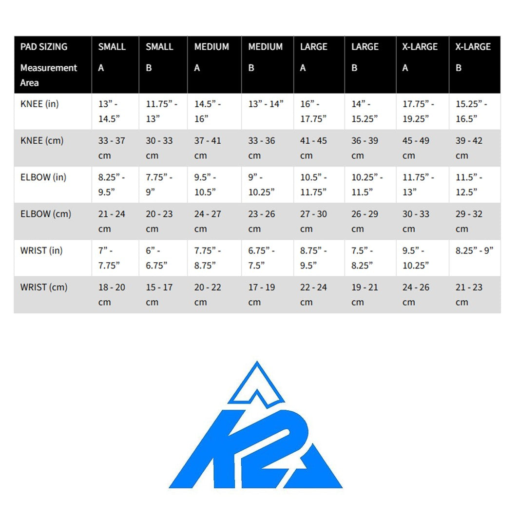 K2 Padding Prime Red 3-Pack size chart - Lucky Skates