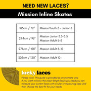 Lucky Laces Mission Skates Length Lace Guide 183cm / 72" Mission  Youth 8 - Junior 3, 244cm / 96" Mission Junior 3.5-5.5 Mission Adult 6-8 , 274cm / 1305cm / 120"08" Mission Adult 8-10, 305cm / 120" Mission Adult 10+ - Lucky Skates 
